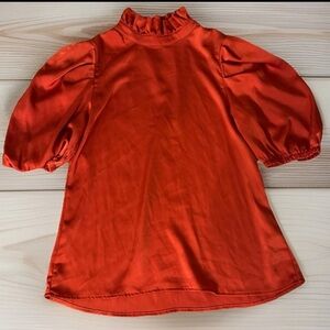 THML Blouse Womens X-Small Red Orange Satin Short Puff Sleeve High Neck Grandma